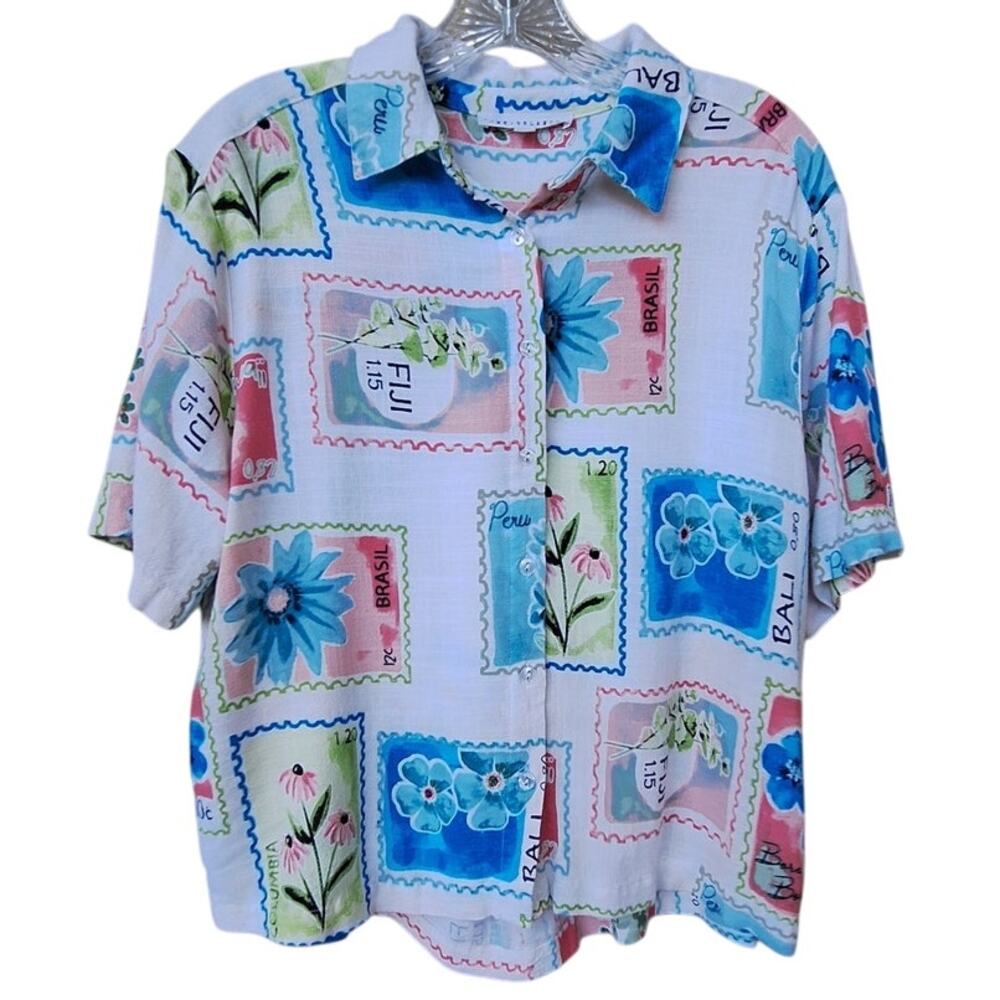 Jane & Delancey Women's Linen Blend Boxy Hawaiian Shirt Blouse Top M Stamps